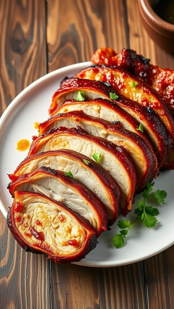 Crispy Air Fryer Pork Belly Recipe Crispy air fryer pork belly slices on a plate, garnished with herbs.